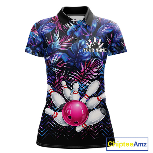 Custom Blue And Pink Tropical Floral Bowling Shirt For Women, Bowling Team Jersey Polo & 1/4 Zip TDM6222