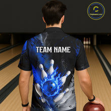 Load image into Gallery viewer,  Back view of man wearing black and blue flaming Hawaiian bowling shirt.