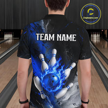 Load image into Gallery viewer, Man wearing black and blue flaming bowling polo shirt back view.