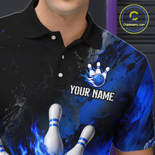 Load image into Gallery viewer, Close up of black and blue flaming bowling polo shirt collar, buttons and chest design.
