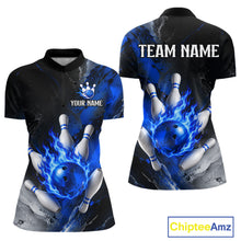 Load image into Gallery viewer, Black and blue flaming bowling polo shirt for women, custom bowling league team jersey.
