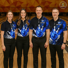 Load image into Gallery viewer, Bowling team wearing matching black and blue flaming bowling jerseys front view.