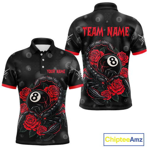 Black Red 8 Ball Scorpion Roses Billiard Shirt For Men Custom Pool Team Shirt, Billiard Jersey TDM5345