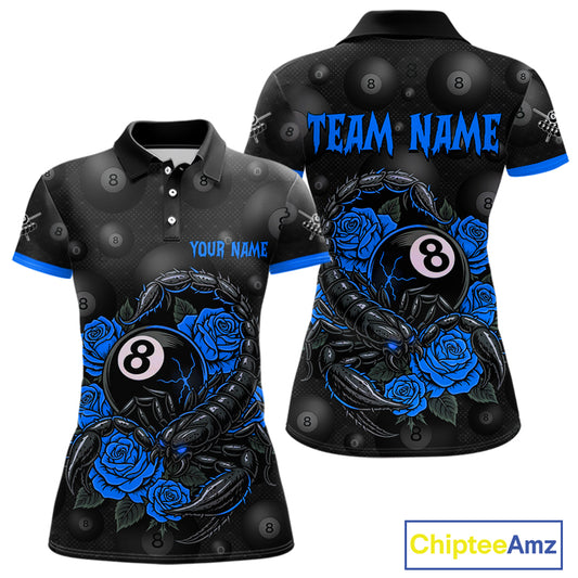 Black Blue 8 Ball Scorpion Roses Billiard Shirt For Women Custom Pool Team Shirt, Billiard Jersey TDM5346