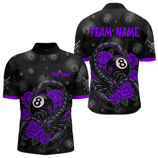 Black Purple 8 Ball Scorpion Roses Billiard Shirt For Men Custom Pool Team Shirt, Billiard Jersey TDM5347