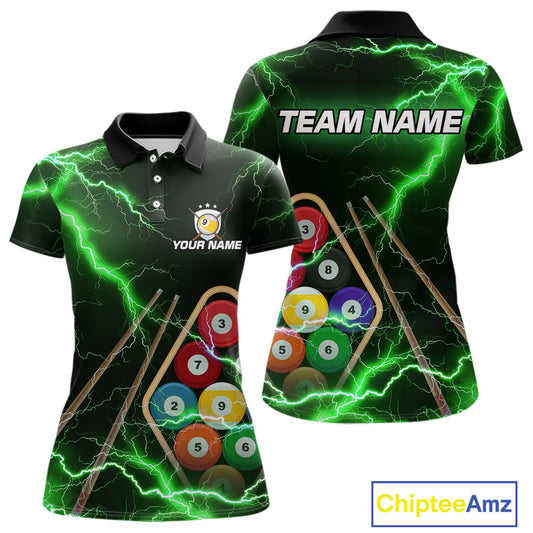 Green 9 Ball Thunder Lightning Billiard Shirts For Women Custom 9 Ball Pool Team Jersey Polo, 1/4 Zip TDM5634