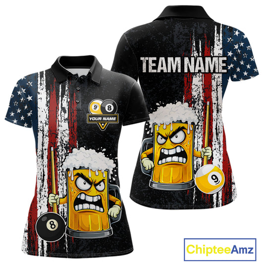 Funny Angry Beer 8 Ball & 9 Ball Billiard Shirt For Women Custom American Flag Pool Team Jersey TDM5636