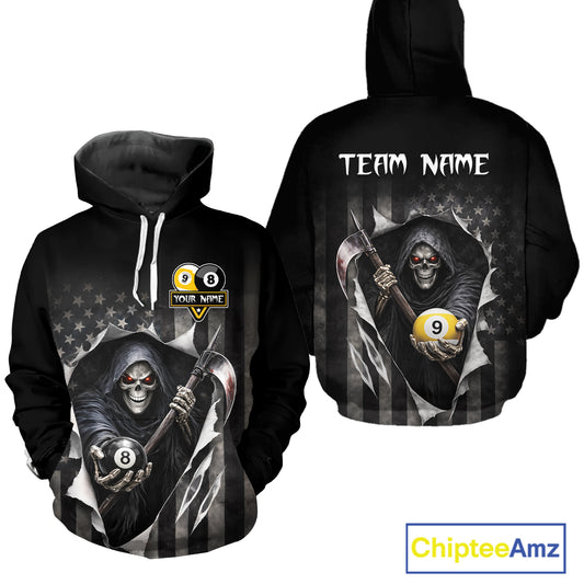 Grim Reaper 8 Ball & 9 Ball Pool US Flag Billiard Hoodie Custom Patriotic Billiard Hoodie Team Jersey TDM5639