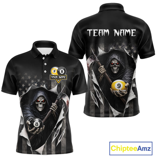 Grim Reaper 8 Ball & 9 Ball US Flag Billiard Shirt For Men Custom Pool Team Jersey Polo & 1/4 Zip TDM5639