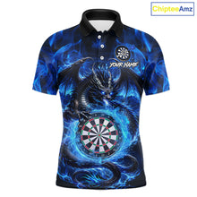 Load image into Gallery viewer, Personalized blue flame dragon darts polo shirt for men with bold league graphics and custom team style.