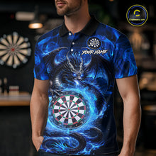 Load image into Gallery viewer, Man wearing a blue flame dragon darts polo shirt during darts league play front view.