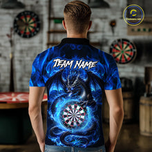Load image into Gallery viewer, Back view of man wearing a blue flame dragon darts jersey inside a darts arena.