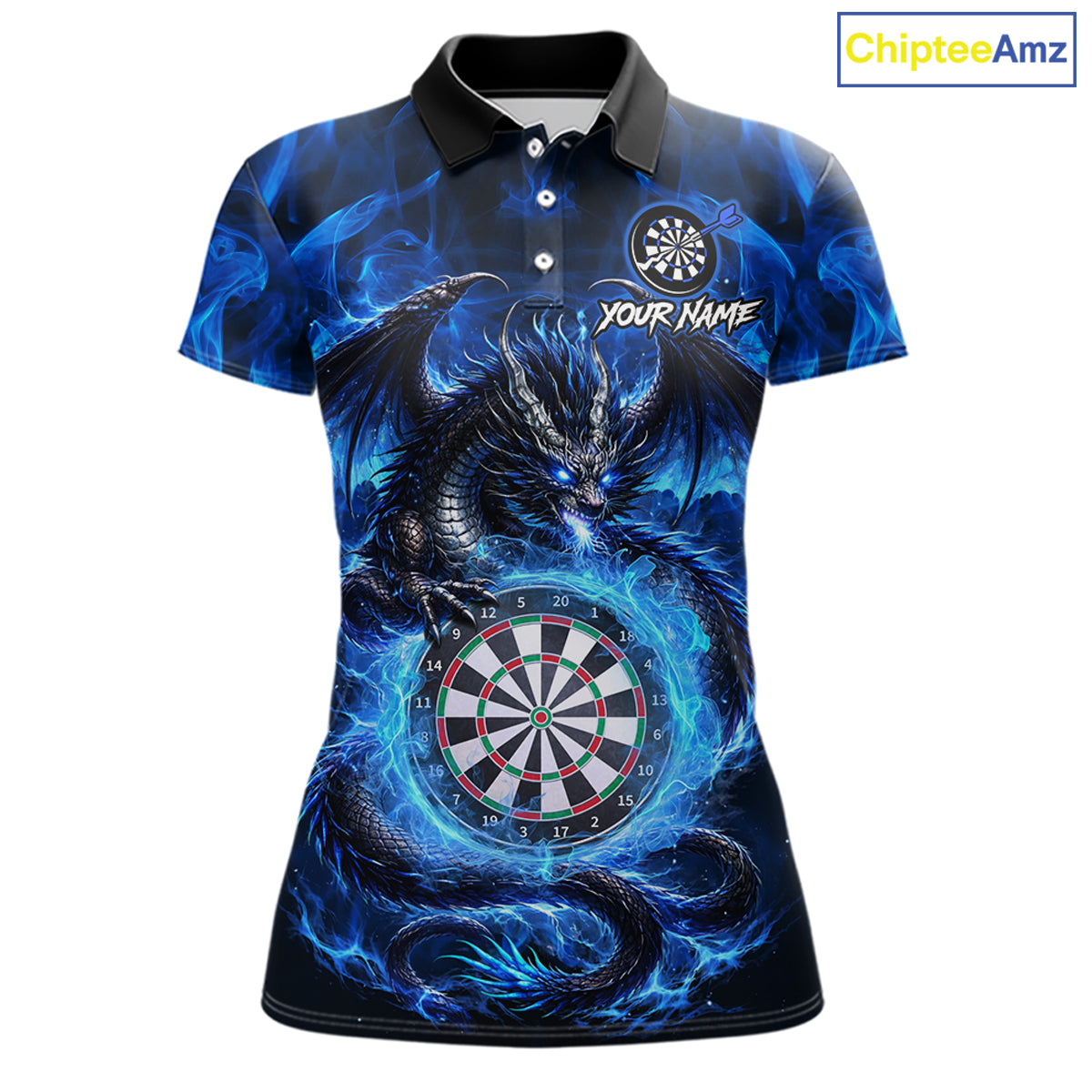 Personalized blue flame dragon darts polo shirt for women with bold league graphics and custom team style.