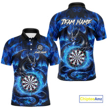 Load image into Gallery viewer, Personalized blue flame dragon darts polo shirt for men with vibrant fire and dragon inspired design.