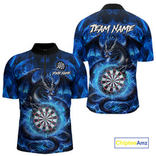 Load image into Gallery viewer, Personalized blue flame dragon darts quarter zip shirt for men built for darts tournaments and league competition.
