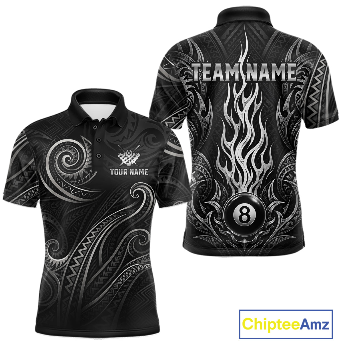 Personalized flame 8 ball billiard polo shirt for men with tribal style graphics and custom team design.