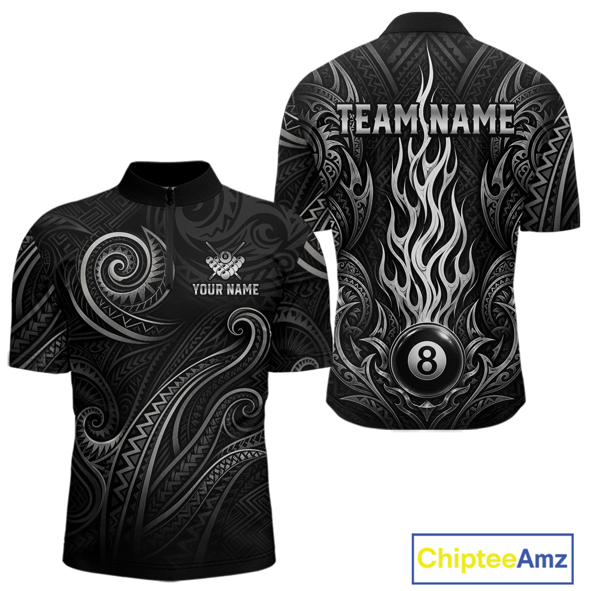 Personalized flame 8 ball billiard quarter zip shirt for men built for pool tournaments and competitive play.