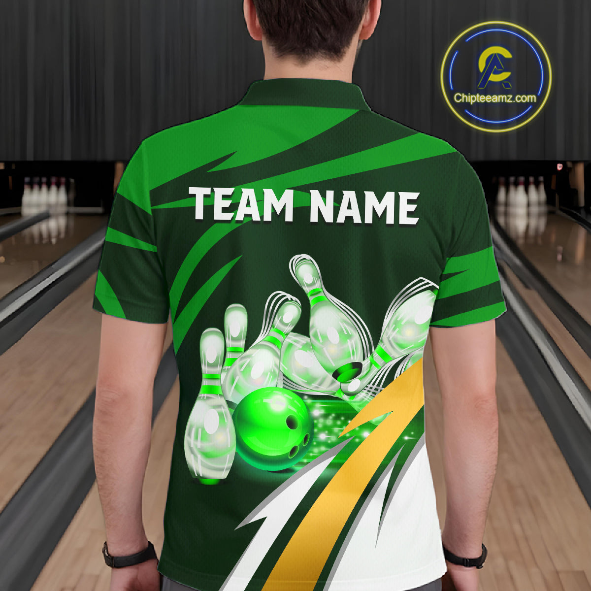 Man wearing personalized green strike ball bowling team jersey polo shirt featuring green strike ball artwork, back view.