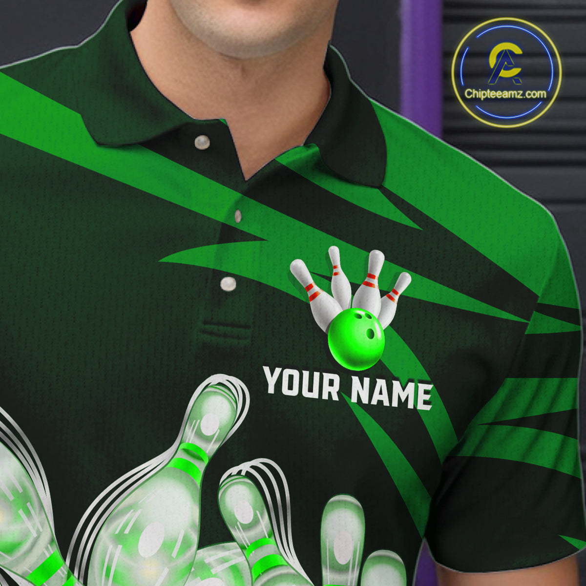 Close-up of personalized green strike ball bowling team jersey polo shirt featuring collar, buttons and green strike ball artwork.