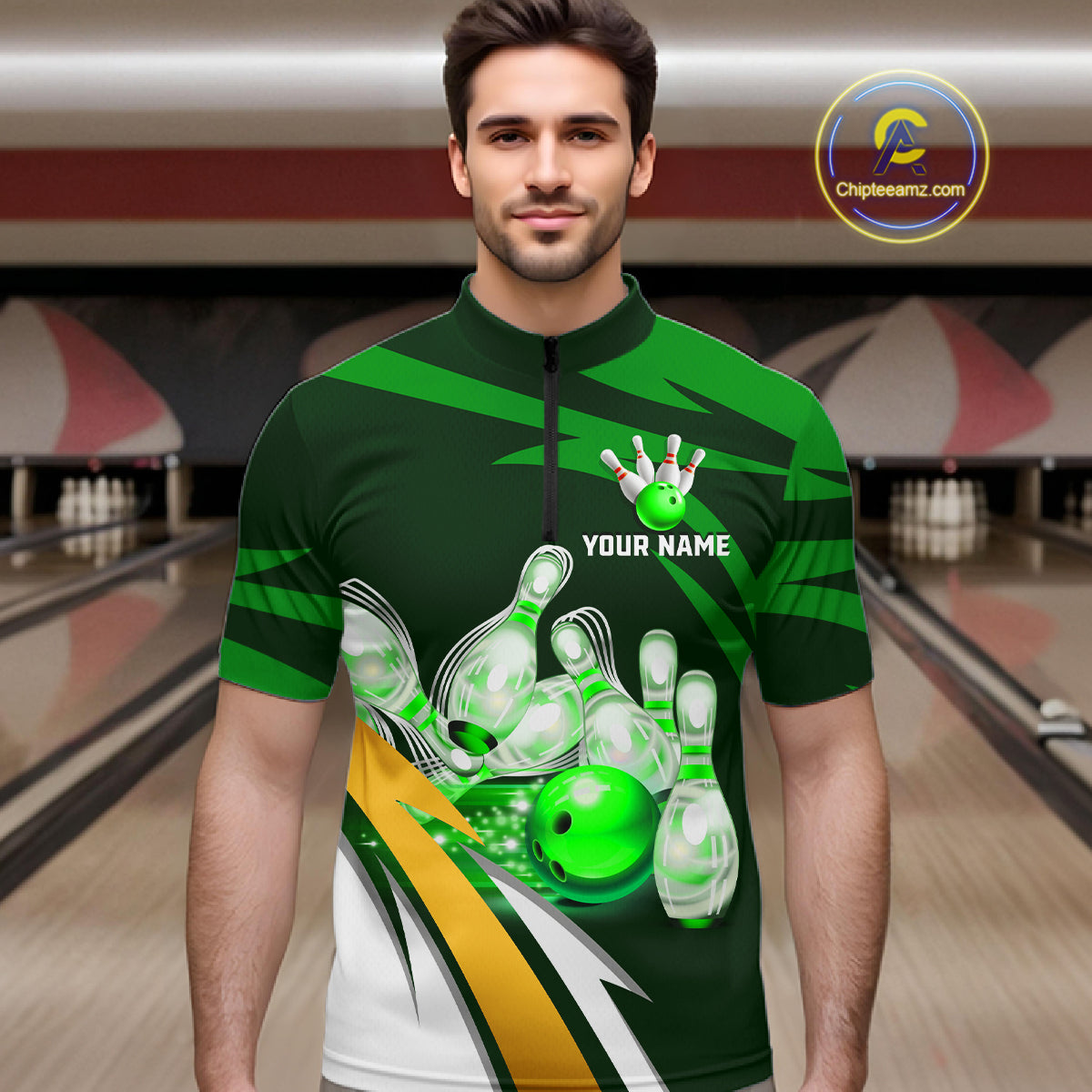 Man wearing personalized green strike ball bowling team jersey quarter zip shirt featuring green strike ball artwork, front view.