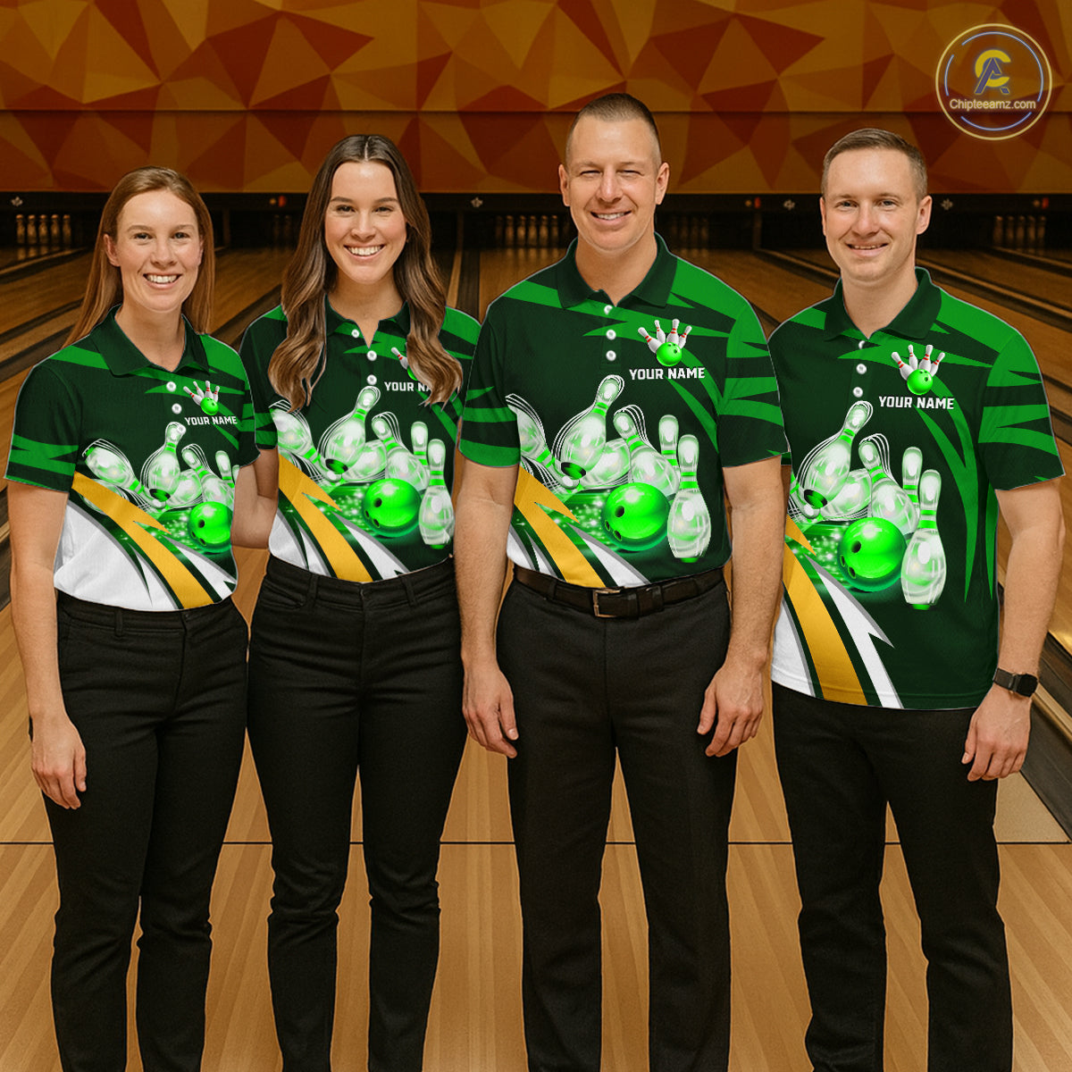Bowling team wearing matching personalized green strike ball bowling team jerseys, front view.