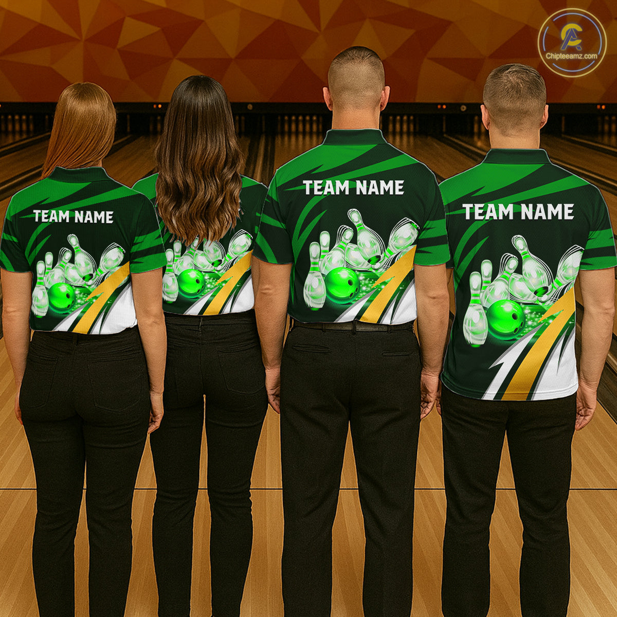 Bowling team wearing matching personalized green strike ball bowling team jerseys, back view.