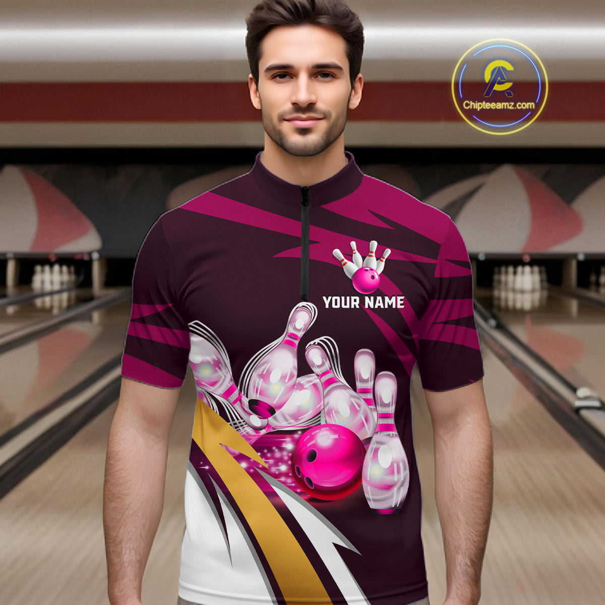 Man wearing personalized pink strike ball bowling team jersey quarter zip shirt featuring pink strike ball artwork, front view.