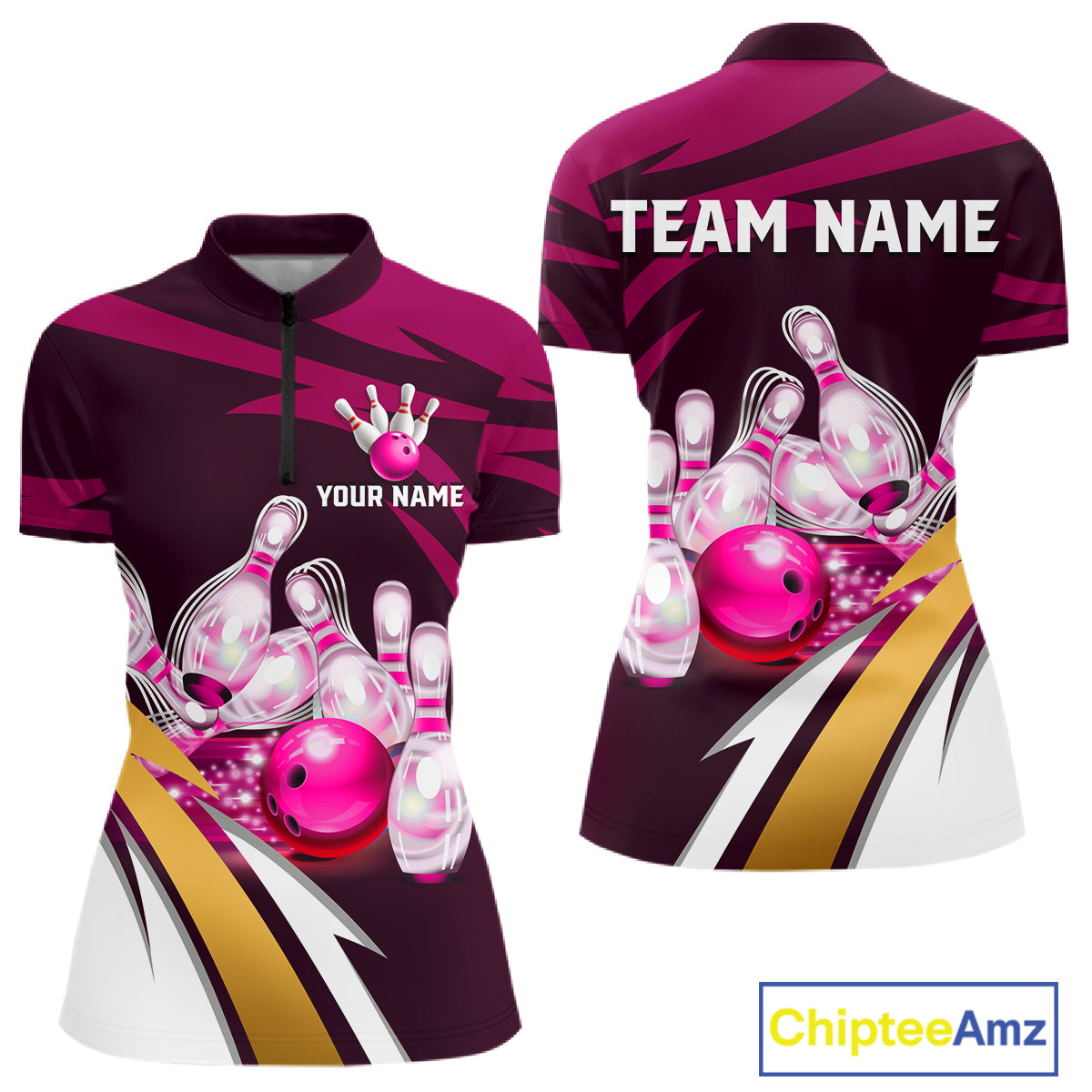 Personalized pink strike ball bowling team jersey quarter zip shirt for women featuring pink strike bowling ball artwork, premium custom bowling apparel.