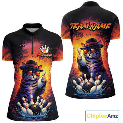 Personalized Vintage Funny Cat Bowling Shirt For Women Custom Bowling Jersey Team Polo & 1/4 Zip TDM5861