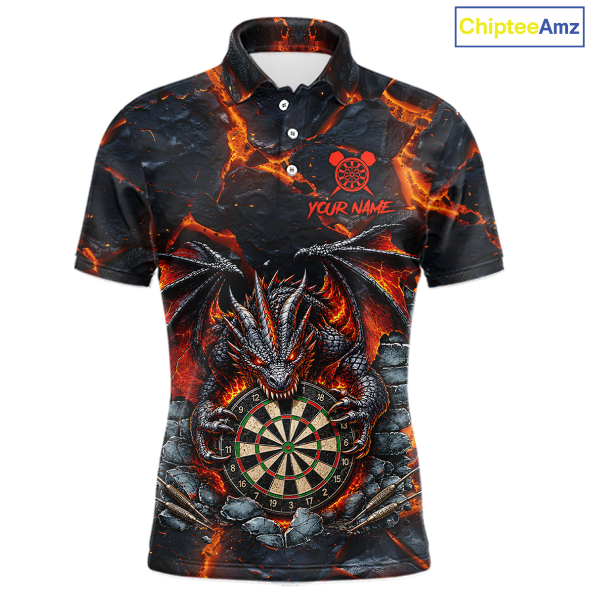Black and Orange Dartboard Fire Flame Dragon Darts Polo Shirt for Men Featuring a Flaming Dragon and Dartboard Design for Dart League Players, Team Competition, and Tournament Events