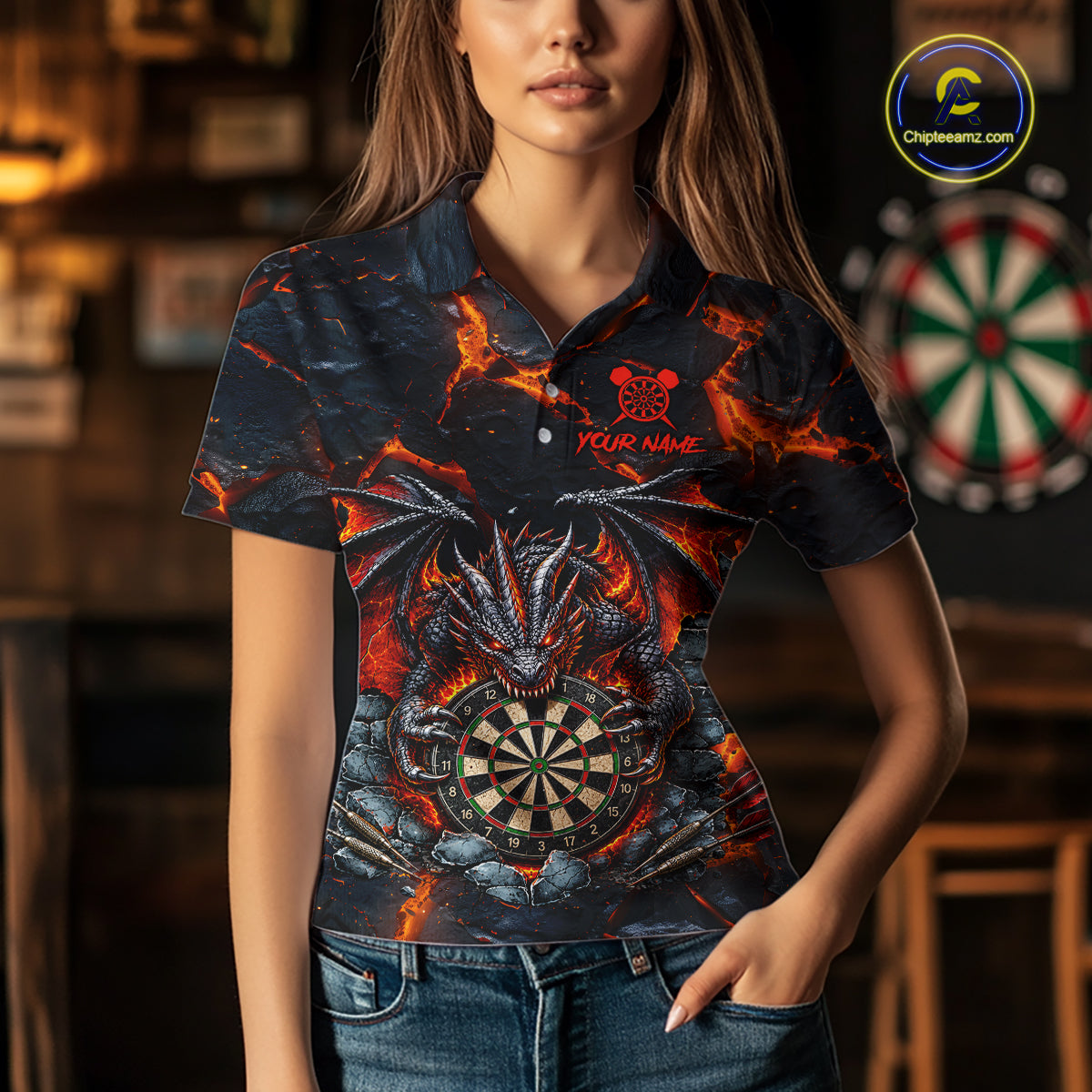 Woman Wearing Black and Orange Dartboard Fire Flame Dragon Darts Polo Shirt with Athletic Performance Fit and Dynamic Dragon Graphic Artwork, Front View