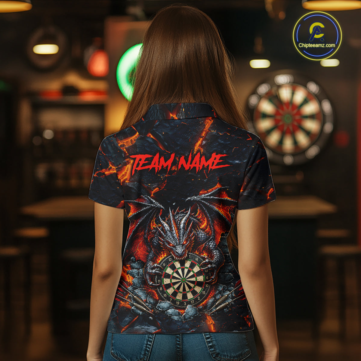 Woman Wearing Black and Orange Dartboard Fire Flame Dragon Custom Darts League Team Jersey Featuring the Complete Rear Graphic Design, Back View