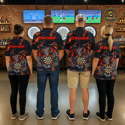 Dart Team Wearing Black and Orange Dartboard Fire Flame Dragon Custom Darts Team Jerseys Featuring the Complete Back Artwork, Back View