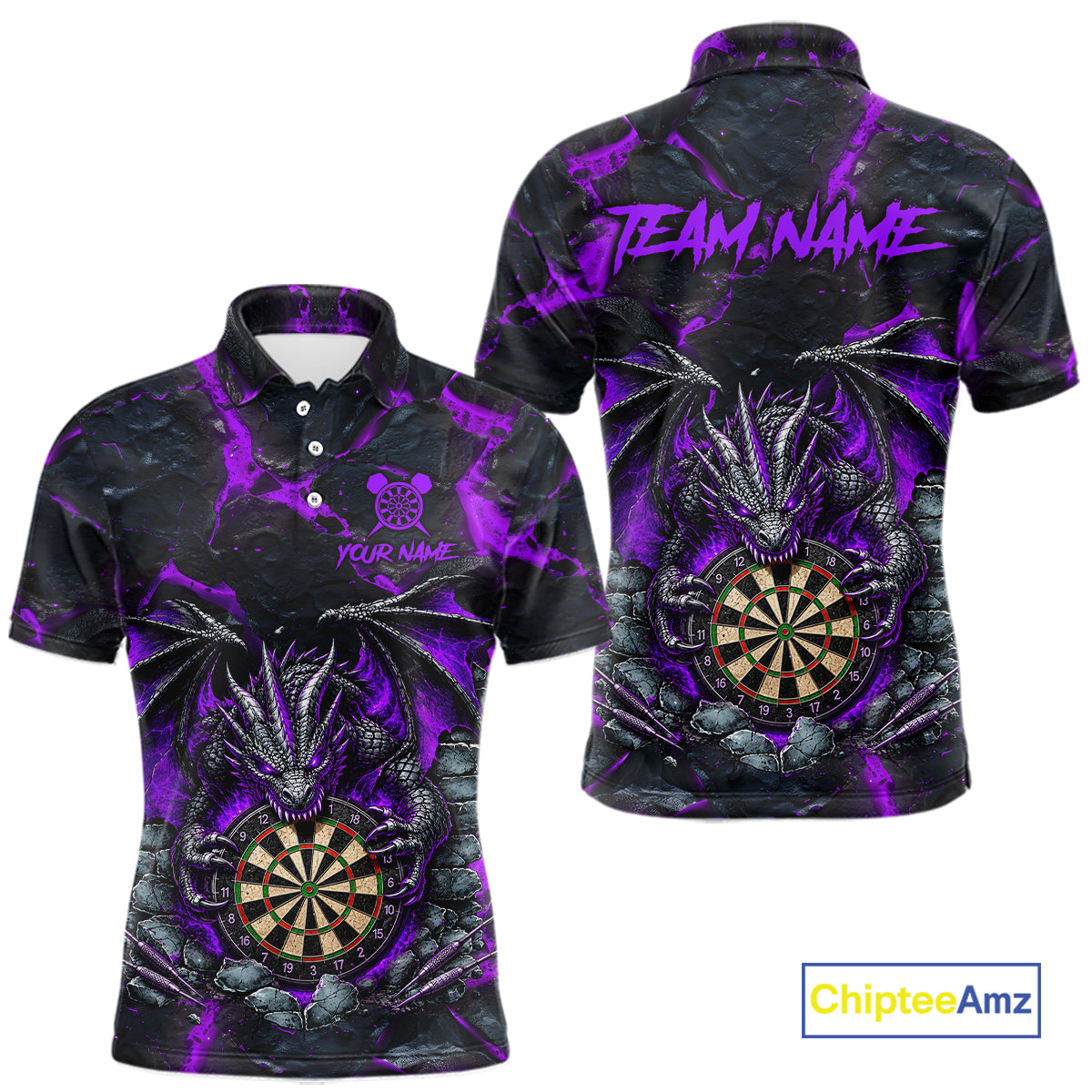 Custom Black and Purple Fire Flame Dragon Darts Polo Shirt for Men Designed for Personalized Darts League Team Jerseys with Premium Athletic Performance and Striking Dragon Artwork