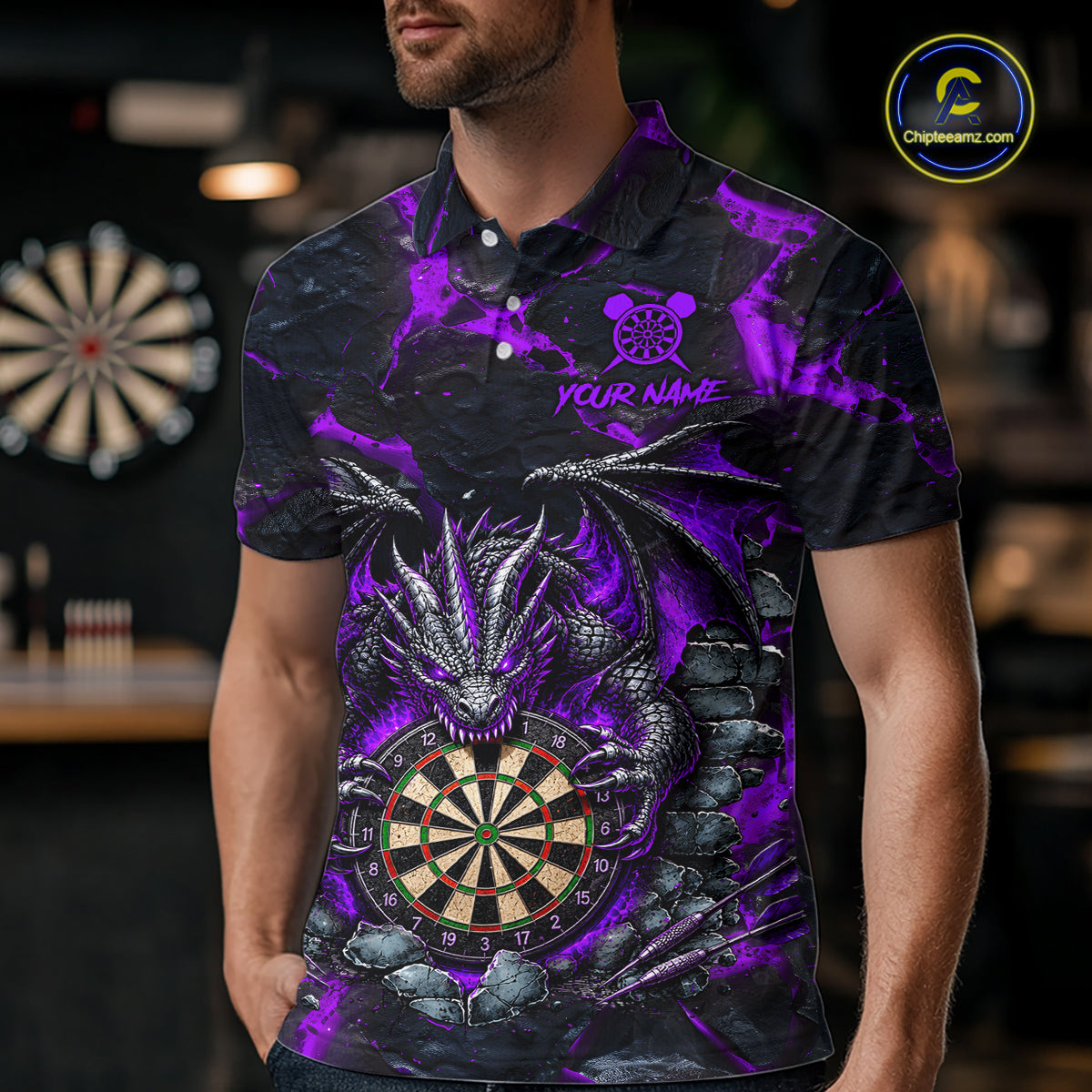 Man Wearing Black and Purple Fire Flame Dragon Darts Polo Shirt with Athletic Performance Fit and Bold Dragon Flame Graphic Artwork, Front View