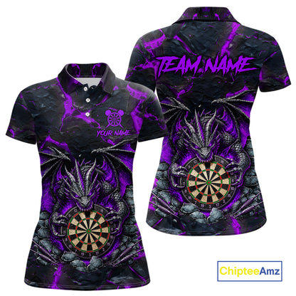 Custom Black and Purple Fire Flame Dragon Darts Polo Shirt for Women Designed for Personalized Darts League Team Jerseys with Premium Athletic Performance and Striking Dragon Artwork