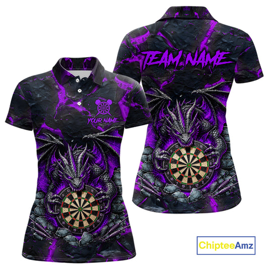 Custom Black and Purple Fire Flame Dragon Darts Polo Shirt for Women Designed for Personalized Darts League Team Jerseys with Premium Athletic Performance and Striking Dragon Artwork