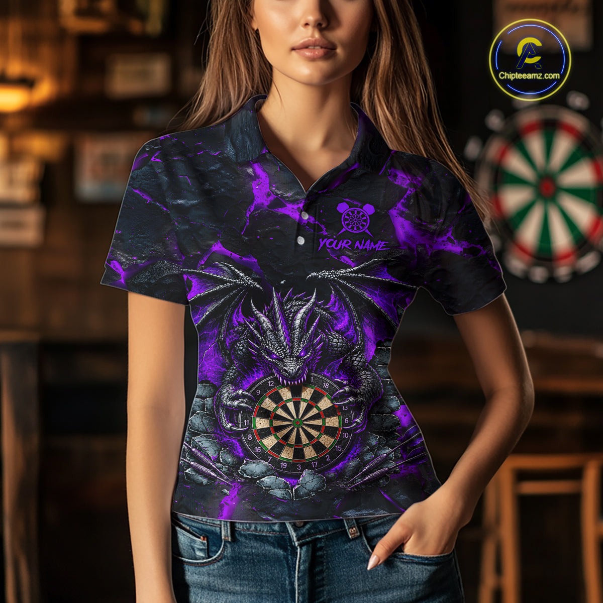 Woman Wearing Black and Purple Fire Flame Dragon Darts Polo Shirt with Athletic Performance Fit and Bold Dragon Flame Graphic Artwork, Front View