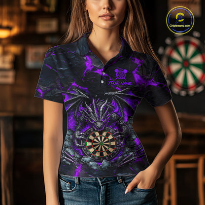 Woman Wearing Black and Purple Fire Flame Dragon Darts Polo Shirt with Athletic Performance Fit and Bold Dragon Flame Graphic Artwork, Front View