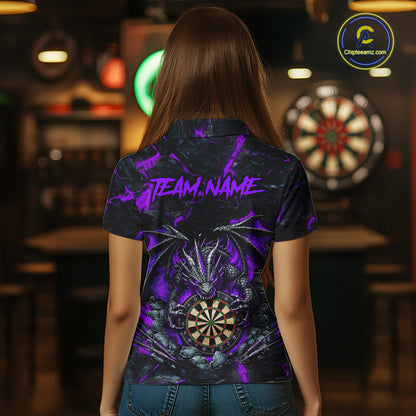 Woman Wearing Black and Purple Fire Flame Dragon Custom Darts League Team Jersey Featuring the Complete Rear Graphic Design, Back View