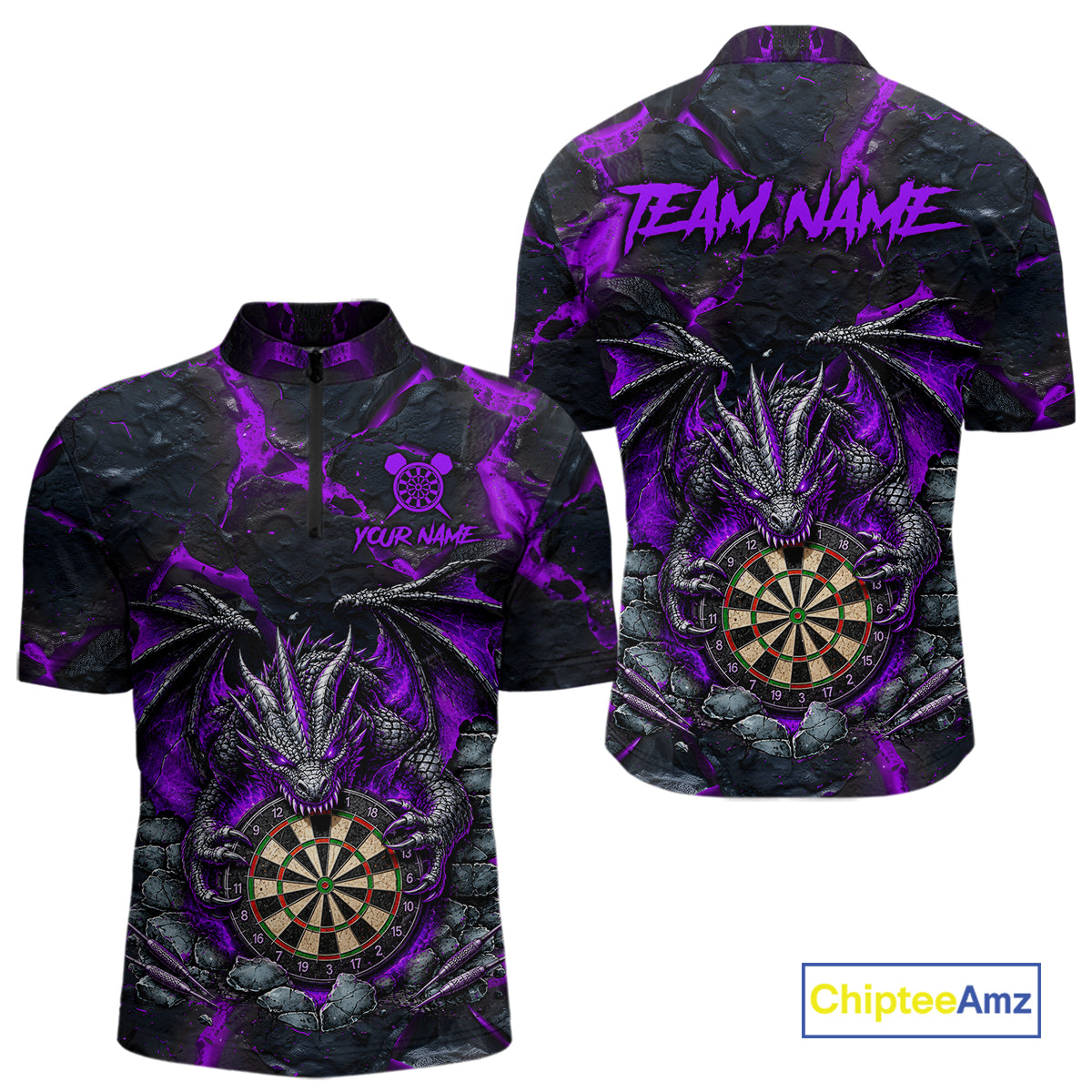 Black and Purple Fire Flame Dragon Quarter Zip Darts Shirt for Men Created for Competitive Dart League Teams with Performance Fabric and Tournament Ready Comfort