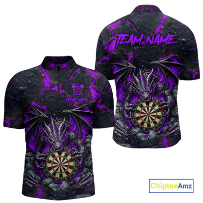 Black and Purple Fire Flame Dragon Quarter Zip Darts Shirt for Men Created for Competitive Dart League Teams with Performance Fabric and Tournament Ready Comfort