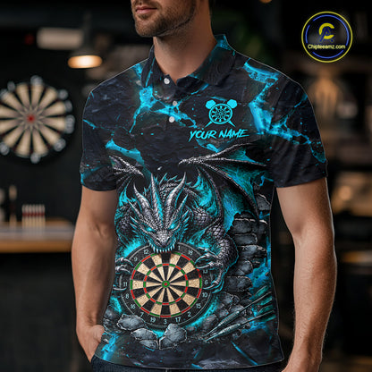 Man Wearing Black and Turquoise Fire Flame Dragon Darts Polo Shirt with Athletic Performance Fit and Dynamic Dragon Graphic Artwork, Front View