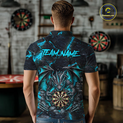 Man Wearing Black and Turquoise Fire Flame Dragon Custom Darts League Team Jersey Featuring the Complete Rear Graphic Design, Back View