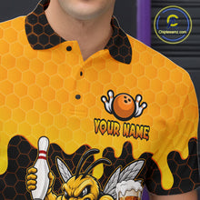 Load image into Gallery viewer, Close-up of the men's Black and Yellow Funny Bee Beer Bowling polo shirt highlighting the collar, button placket, chest bee artwork and premium fabric details