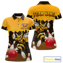 Load image into Gallery viewer, Black and Yellow Funny Bee Beer Bowling Shirt design featuring a funny bee holding a beer mug with black, yellow and hexagon pattern on a custom polo bowling shirt for women