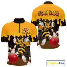 Load image into Gallery viewer, Black and Yellow Funny Bee Beer Bowling quarter zip bowling shirt featuring a funny bee, beer mug and bold black and yellow hexagon design for men