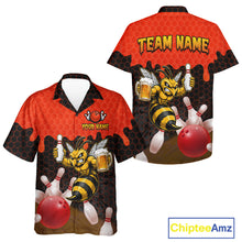 Load image into Gallery viewer, Black and Red Funny Bee Beer Bowling Hawaiian shirt mockup featuring front and back views with a funny bee holding a beer mug, black and red hexagon pattern and tropical bowling design for men women