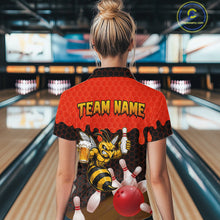 Load image into Gallery viewer, Female model wearing the Black and Red Funny Bee Beer Bowling polo shirt featuring bold red hexagon bowling graphics, back view