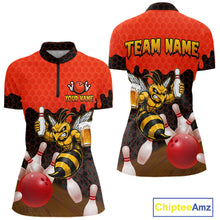 Load image into Gallery viewer, Black and Red Funny Bee Beer Bowling quarter zip bowling shirt featuring a funny bee, beer mug and bold black and red hexagon design for women
